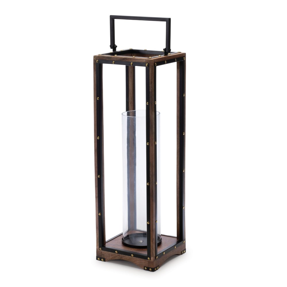 25" Black And Brown Metal And Solid Wood Tabletop Lantern Candle Holder