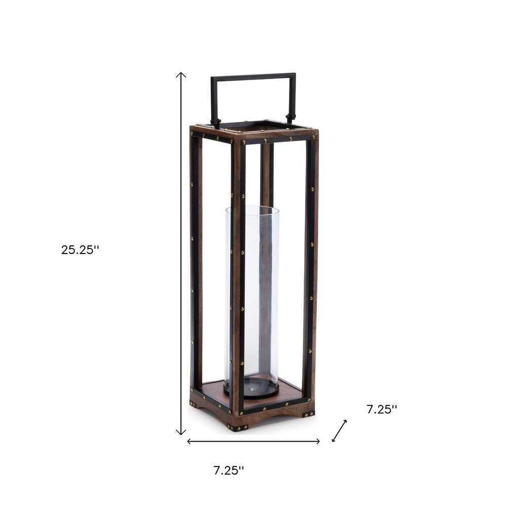 25" Black And Brown Metal And Solid Wood Tabletop Lantern Candle Holder