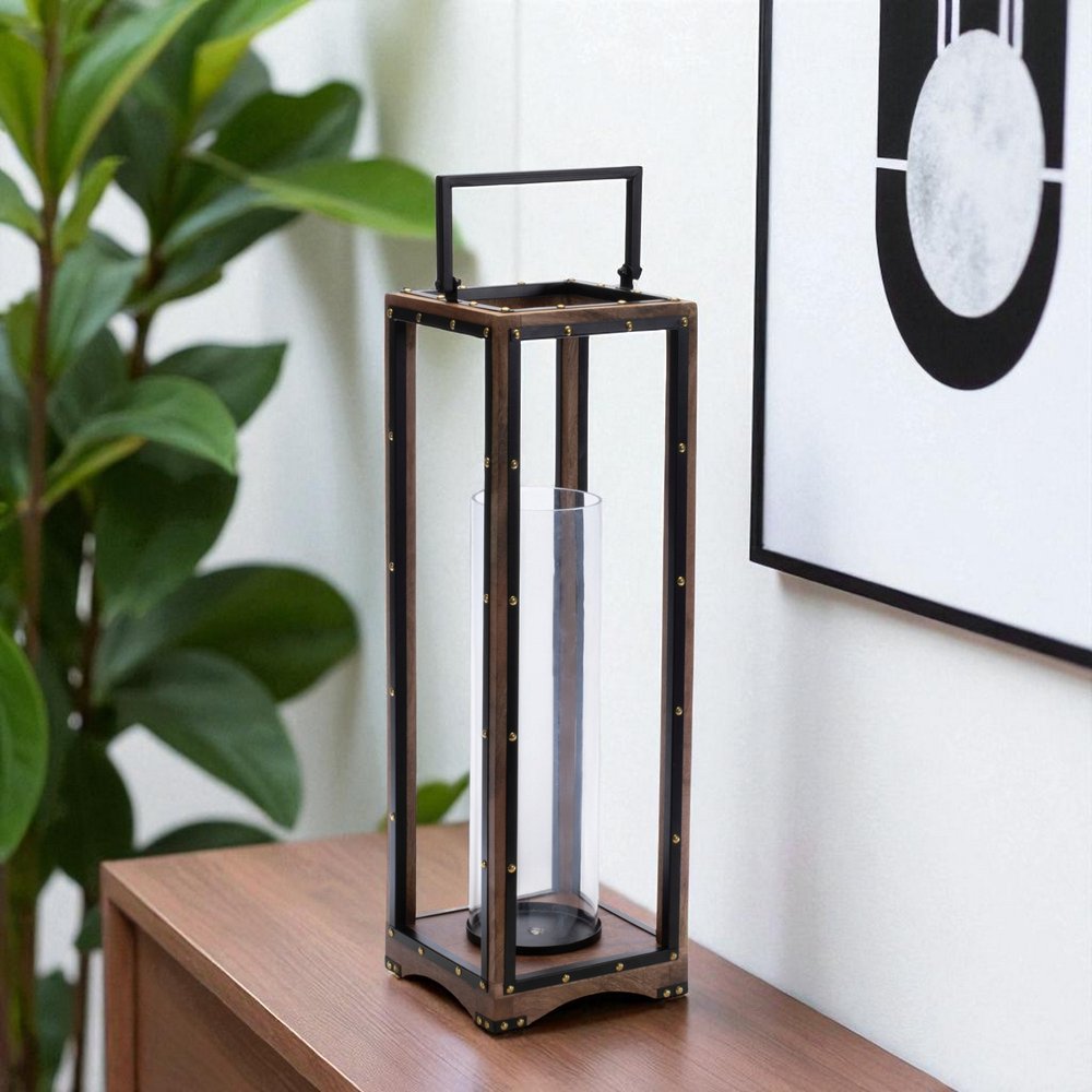 25" Black And Brown Metal And Solid Wood Tabletop Lantern Candle Holder