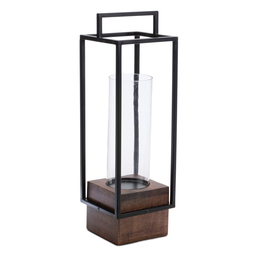 20" Black And Brown Metal And Solid Wood Tabletop Lantern Candle Holder