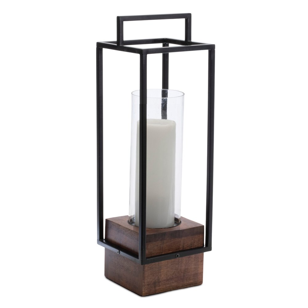 20" Black And Brown Metal And Solid Wood Tabletop Lantern Candle Holder