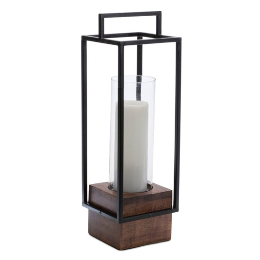 20" Black And Brown Metal And Solid Wood Tabletop Lantern Candle Holder