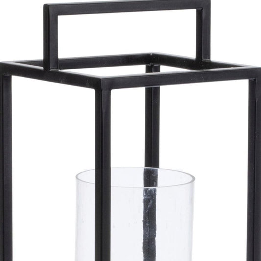 20" Black And Brown Metal And Solid Wood Tabletop Lantern Candle Holder