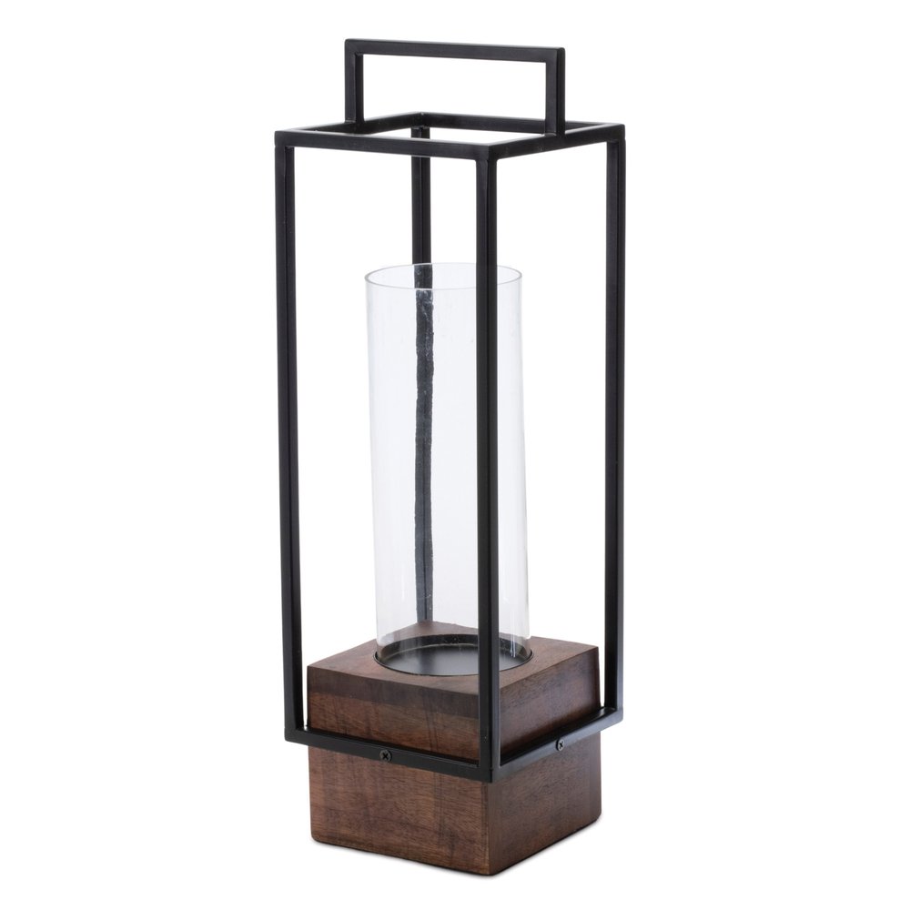 20" Black And Brown Metal And Solid Wood Tabletop Lantern Candle Holder