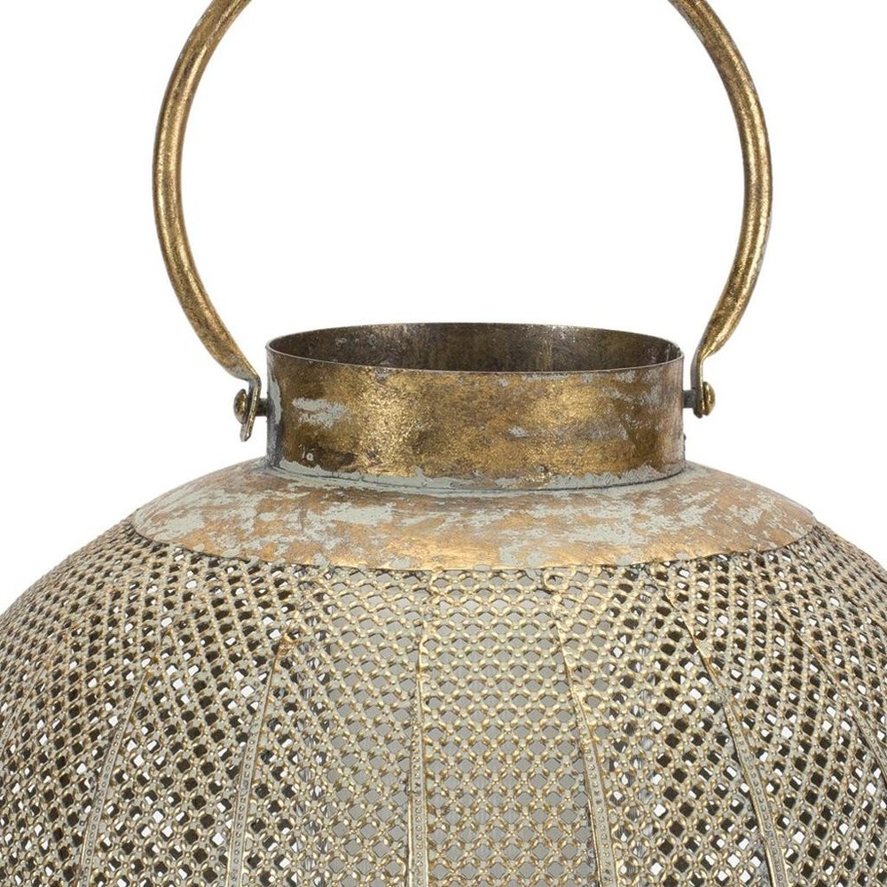 12" Bronze And Green Distressed Lattice Metal Tabletop Lantern Candle Holder