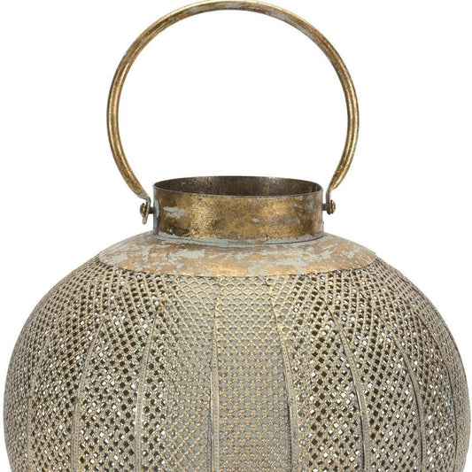 12" Bronze And Green Distressed Lattice Metal Tabletop Lantern Candle Holder