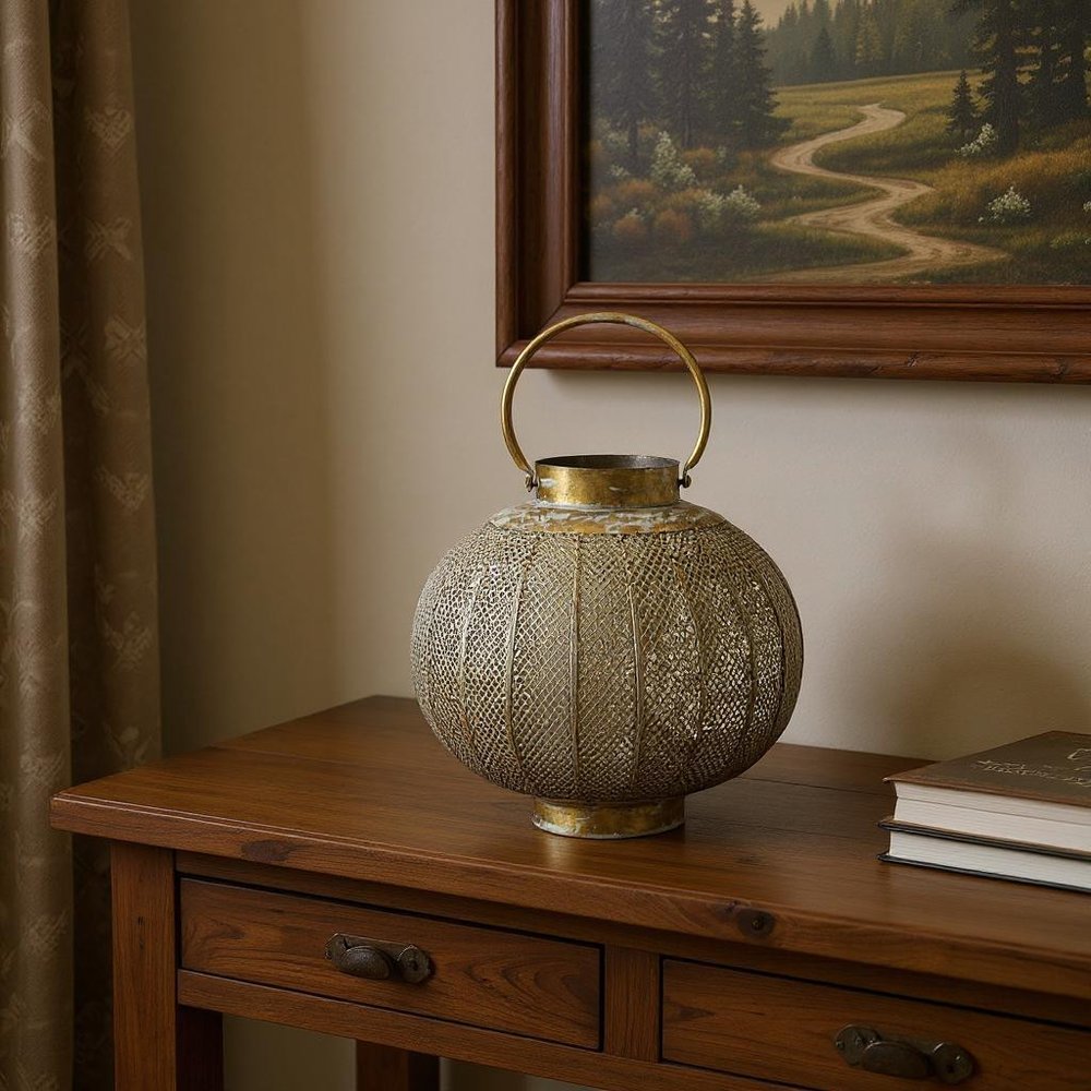 12" Bronze And Green Distressed Lattice Metal Tabletop Lantern Candle Holder