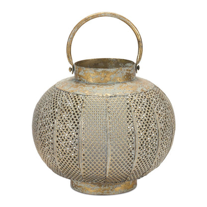 9" Bronze And Green Distressed Lattice Metal Tabletop Lantern Candle Holder