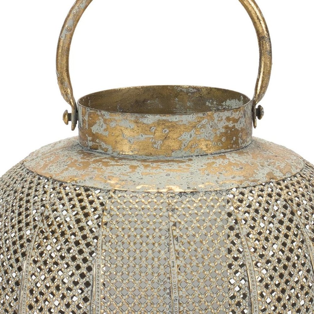 9" Bronze And Green Distressed Lattice Metal Tabletop Lantern Candle Holder