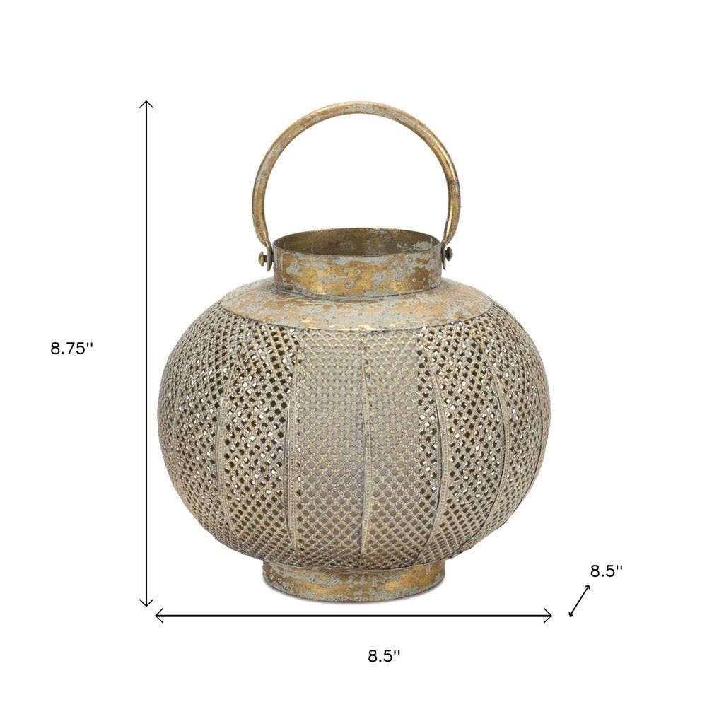 9" Bronze And Green Distressed Lattice Metal Tabletop Lantern Candle Holder