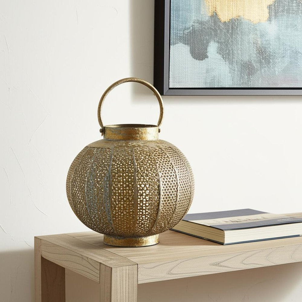 9" Bronze And Green Distressed Lattice Metal Tabletop Lantern Candle Holder