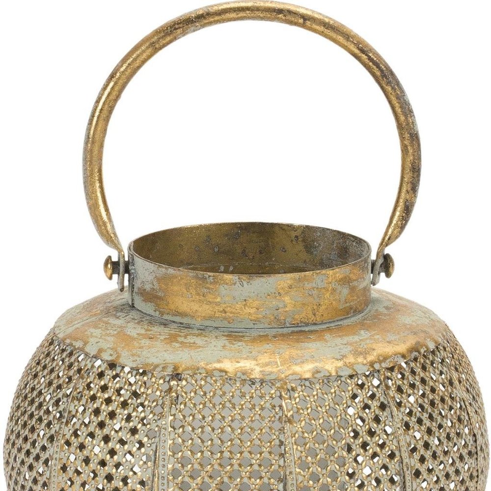 6" Bronze And Green Distressed Lattice Metal Tabletop Lantern Candle Holder