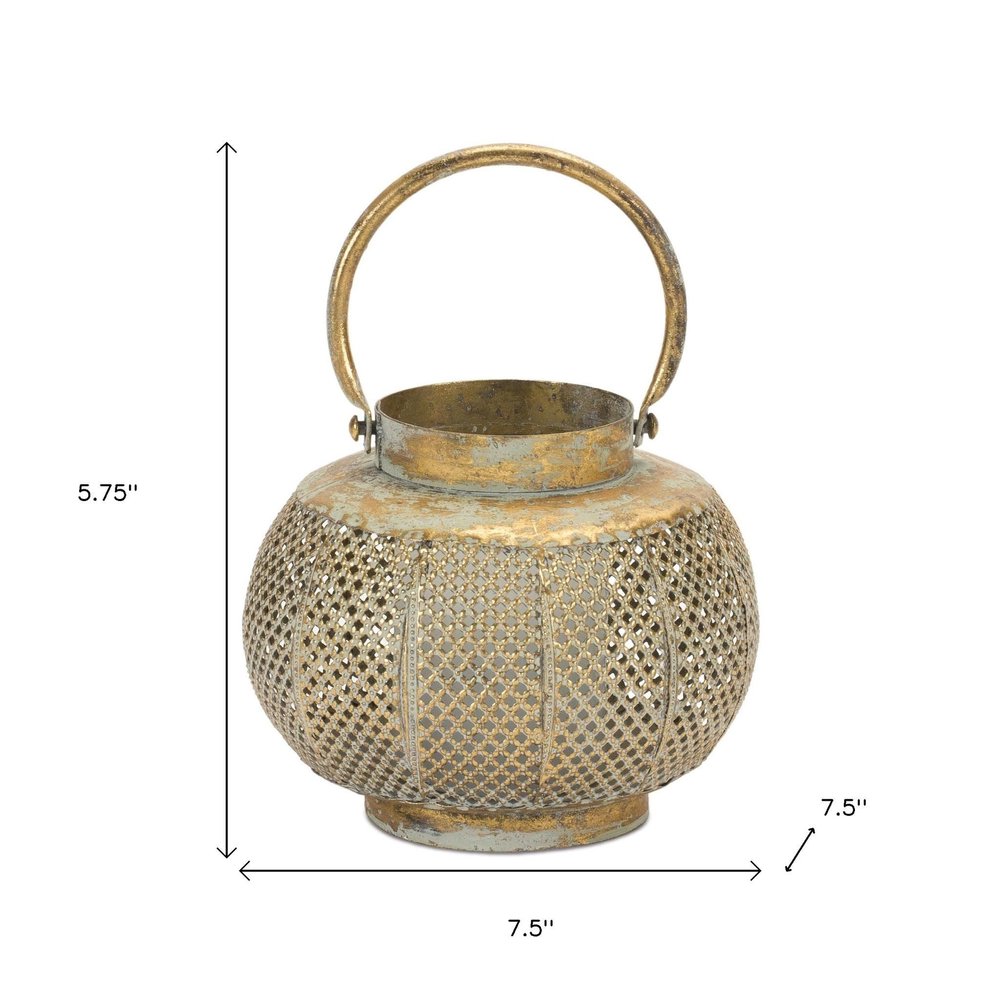 6" Bronze And Green Distressed Lattice Metal Tabletop Lantern Candle Holder