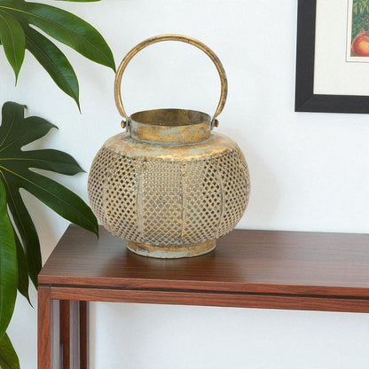 6" Bronze And Green Distressed Lattice Metal Tabletop Lantern Candle Holder