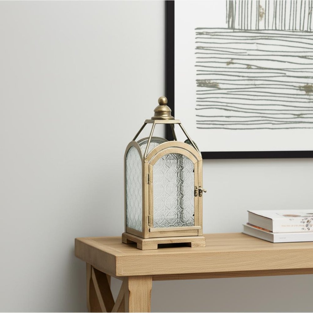 16" Pewter Textured Glass And Metal Centerpiece Lantern Candle Holder