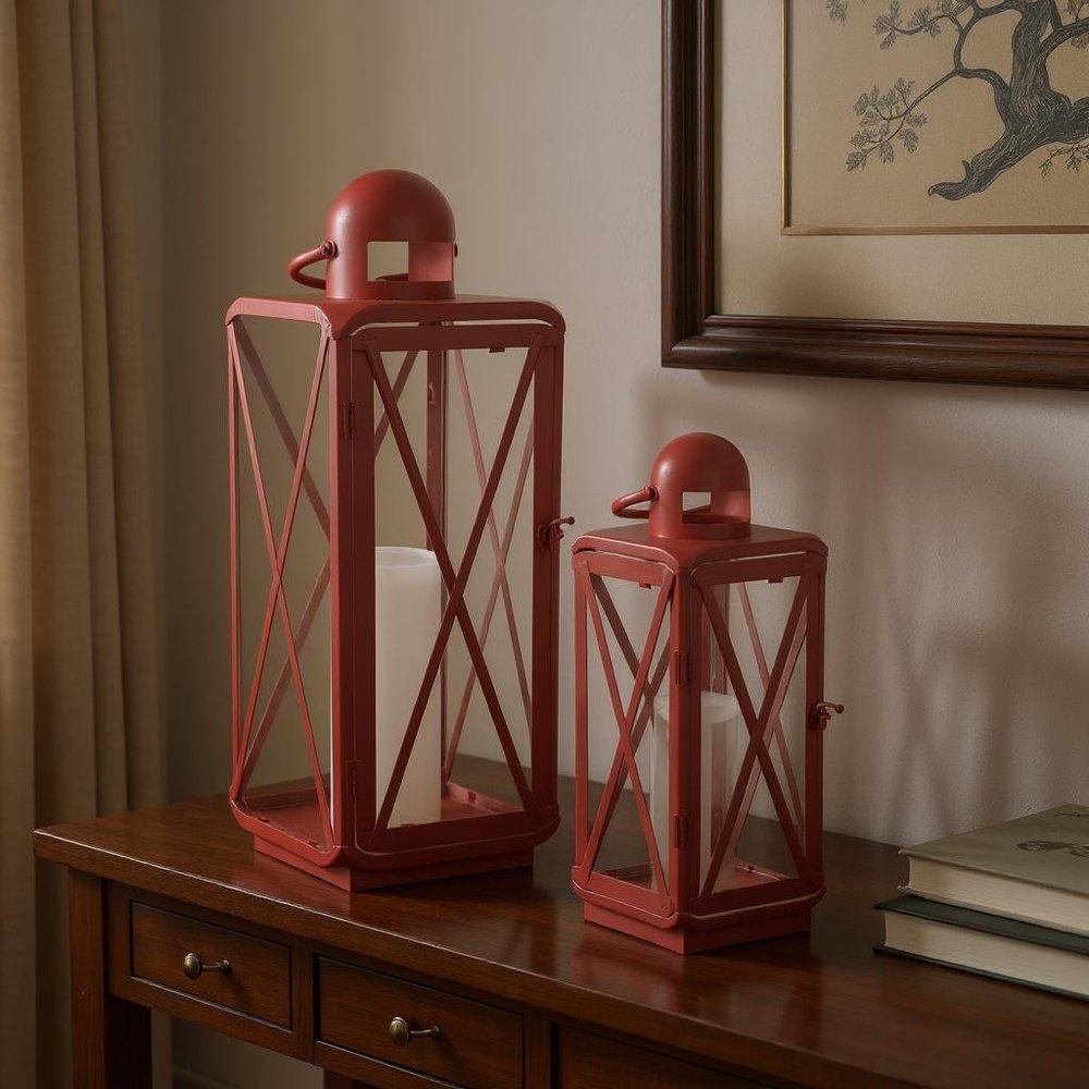 Set of Two Red Geometric Metal Centerpiece Lantern Candle Holders