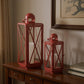Set of Two Red Geometric Metal Centerpiece Lantern Candle Holders