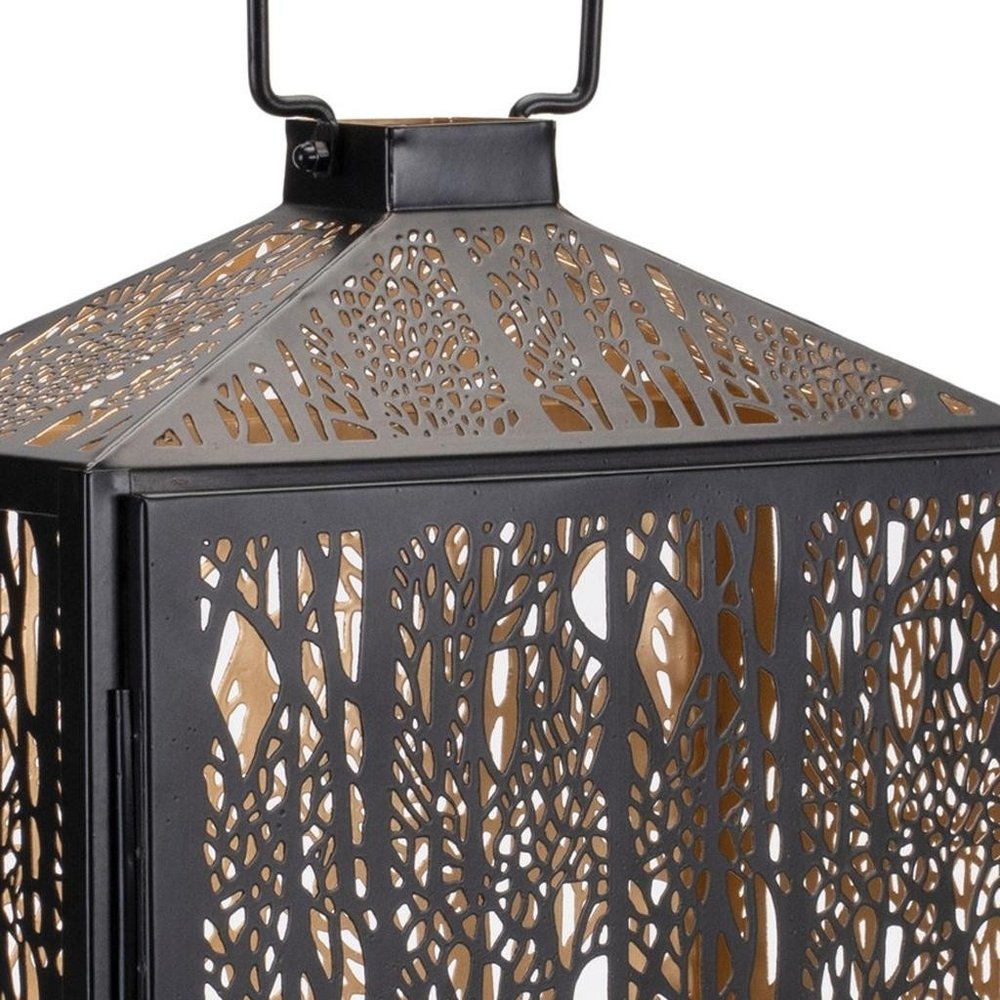 16" Black And Gold Pierced Floral Metal Lantern Candle Holder