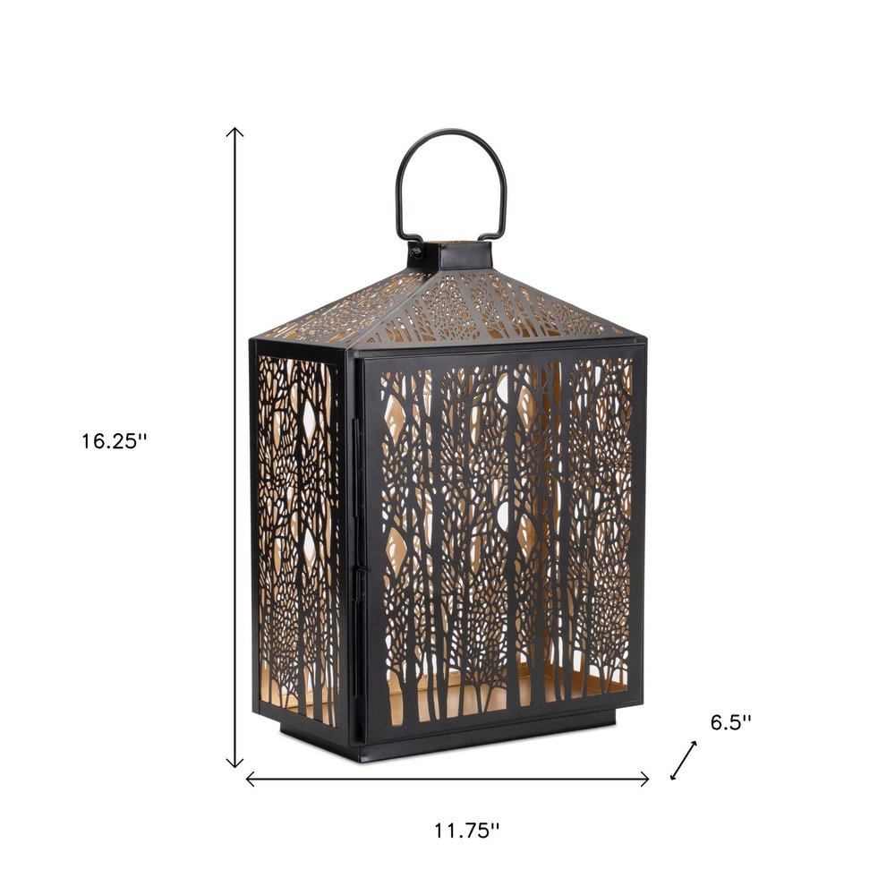 16" Black And Gold Pierced Floral Metal Lantern Candle Holder