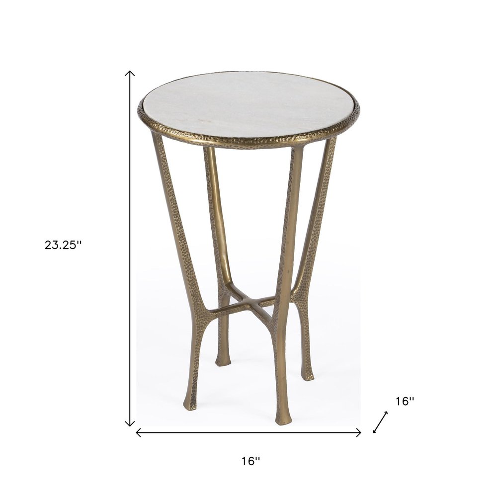 23" White and Gold Distressed Marble and Aluminum Round End Table