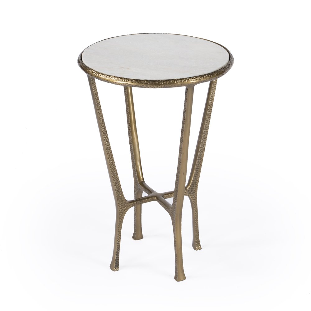 23" White and Gold Distressed Marble and Aluminum Round End Table