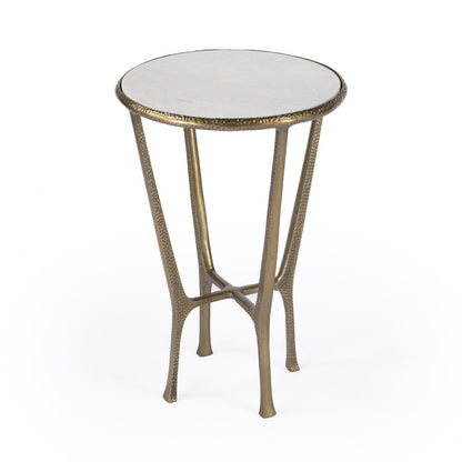 23" White and Gold Distressed Marble and Aluminum Round End Table