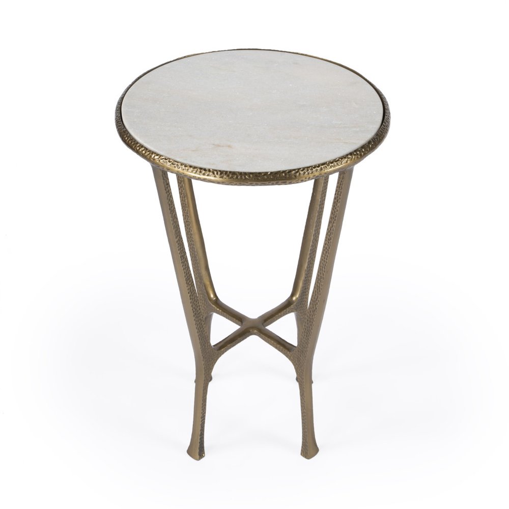 23" White and Gold Distressed Marble and Aluminum Round End Table