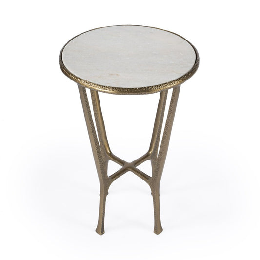23" White and Gold Distressed Marble and Aluminum Round End Table