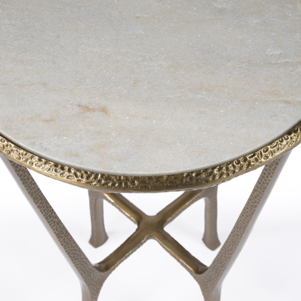 23" White and Gold Distressed Marble and Aluminum Round End Table