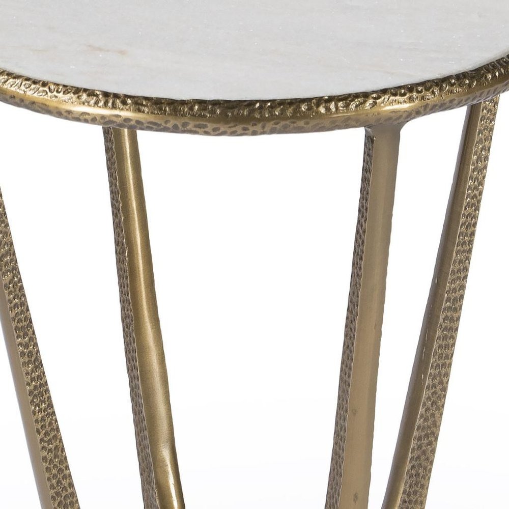 23" White and Gold Distressed Marble and Aluminum Round End Table