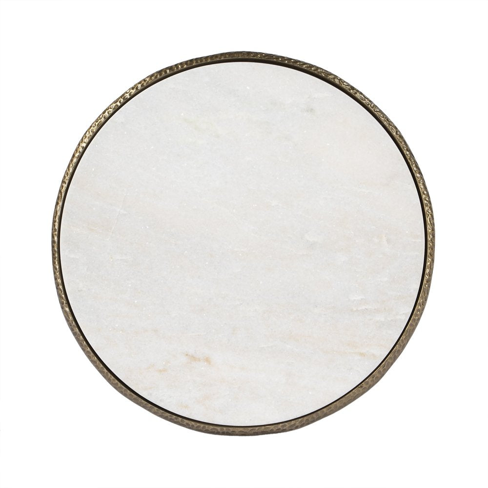 23" White and Gold Distressed Marble and Aluminum Round End Table