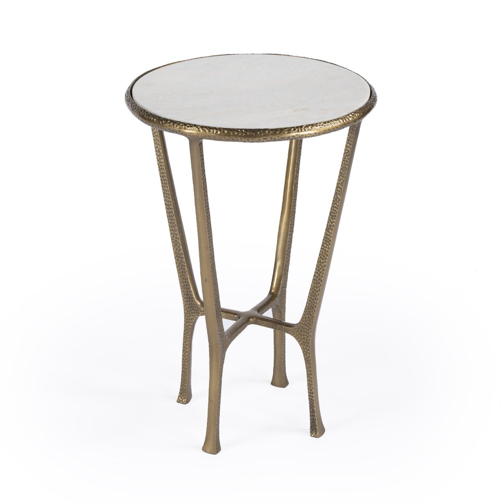 23" White and Gold Distressed Marble and Aluminum Round End Table