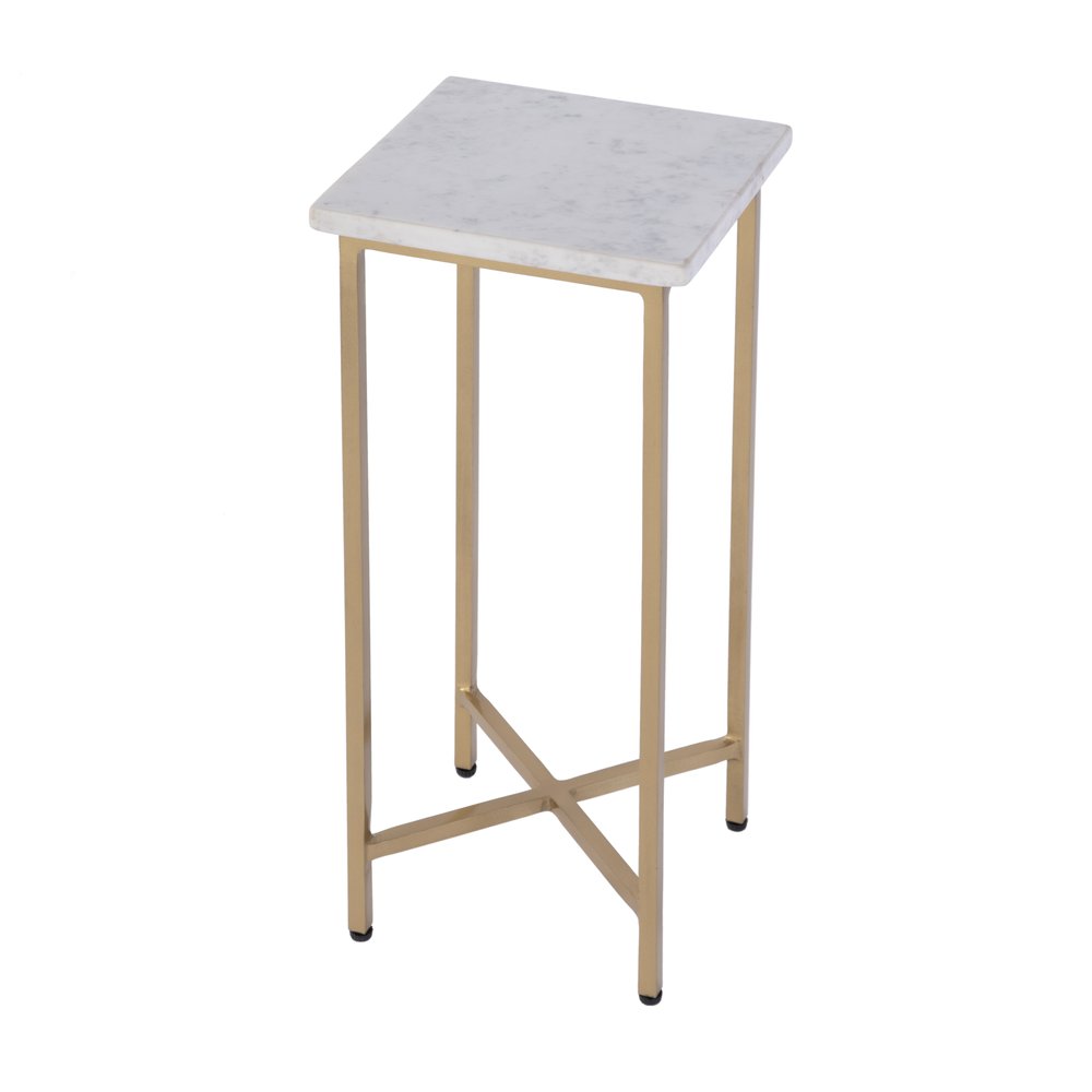 21" White and Gold Distressed Marble and Iron Square End Table