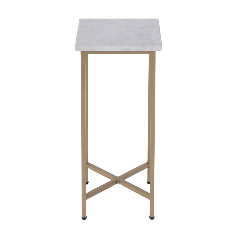 21" White and Gold Distressed Marble and Iron Square End Table