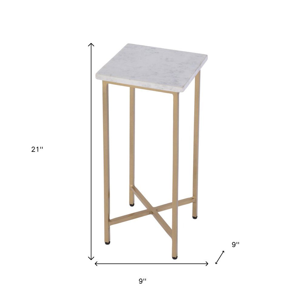 21" White and Gold Distressed Marble and Iron Square End Table
