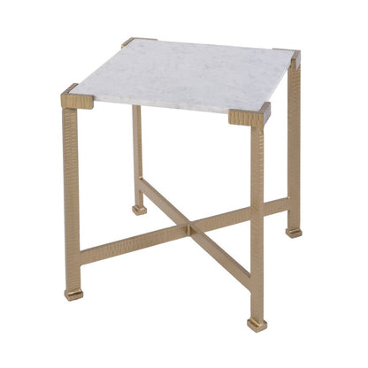 20" White and Gold Distressed Marble and Iron Square End Table