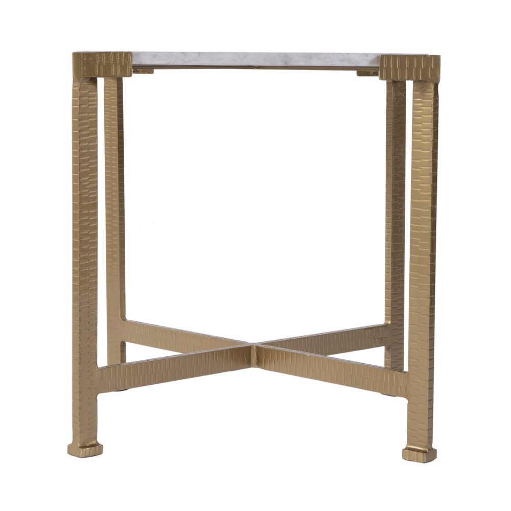 20" White and Gold Distressed Marble and Iron Square End Table