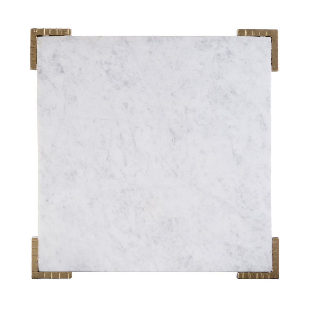 20" White and Gold Distressed Marble and Iron Square End Table