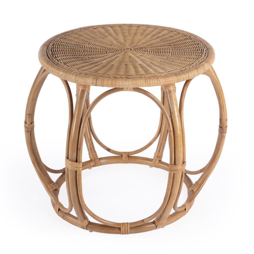 24" Natural Rattan Round Drum End Table