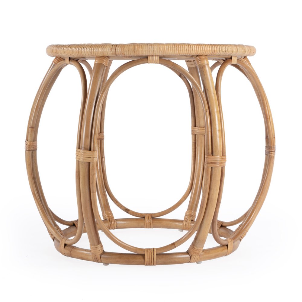 24" Natural Rattan Round Drum End Table