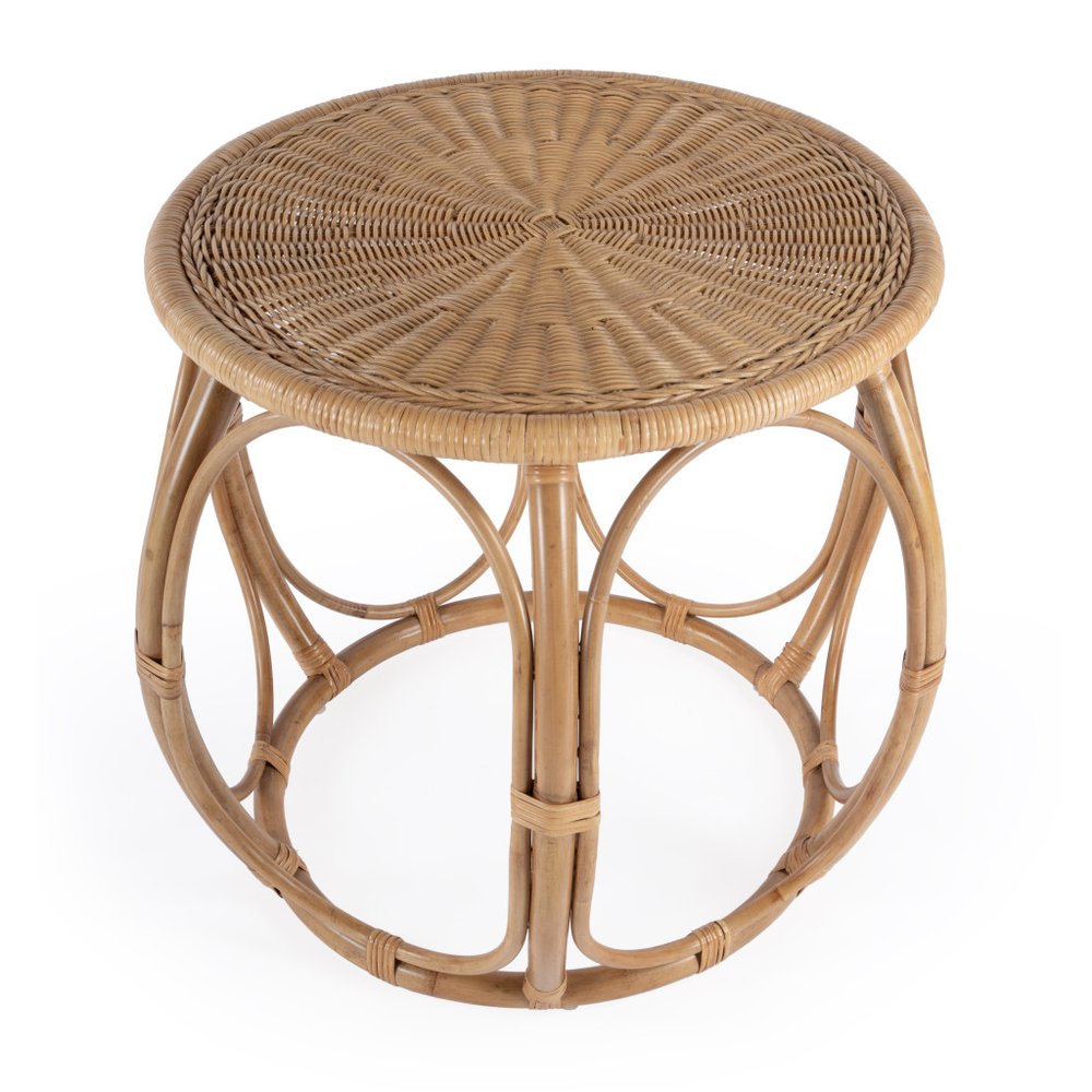 24" Natural Rattan Round Drum End Table