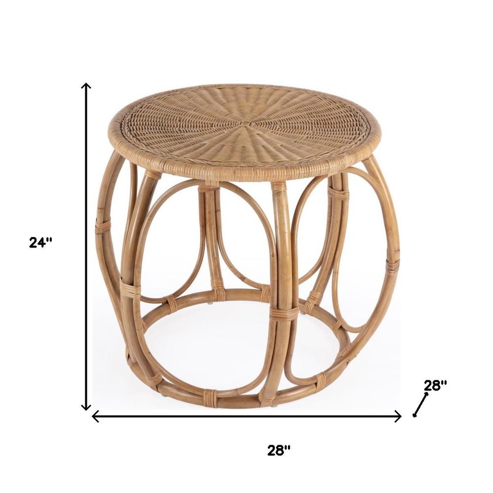 24" Natural Rattan Round Drum End Table