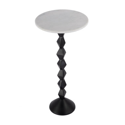 25" White and Black Marble and Aluminum Round Pedestal End Table