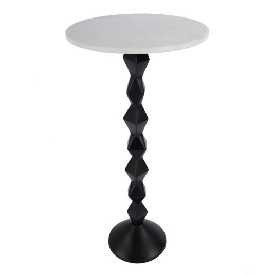 25" White and Black Marble and Aluminum Round Pedestal End Table