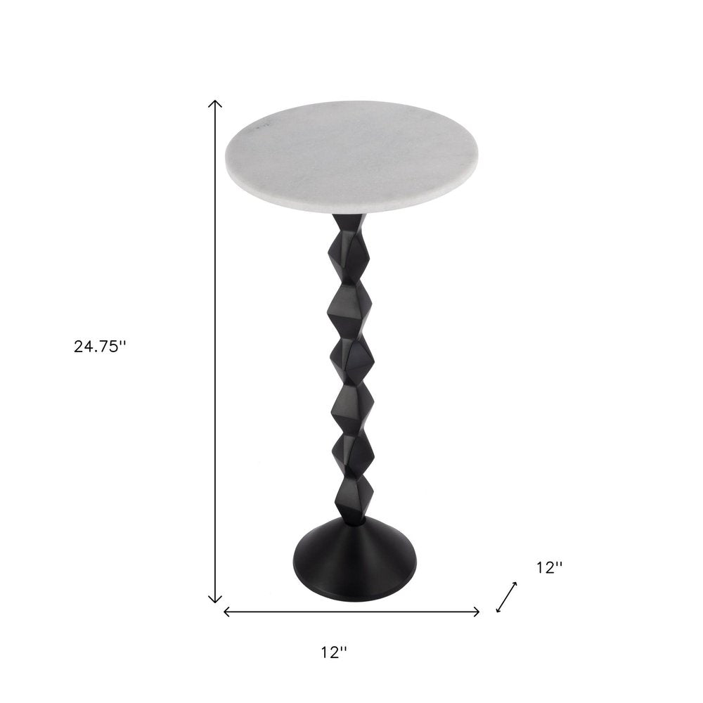 25" White and Black Marble and Aluminum Round Pedestal End Table