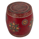 18" Red Iron Hand Painted Floral Round Drum End Table