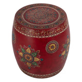 18" Red Iron Hand Painted Floral Round Drum End Table