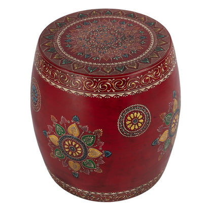 18" Red Iron Hand Painted Floral Round Drum End Table