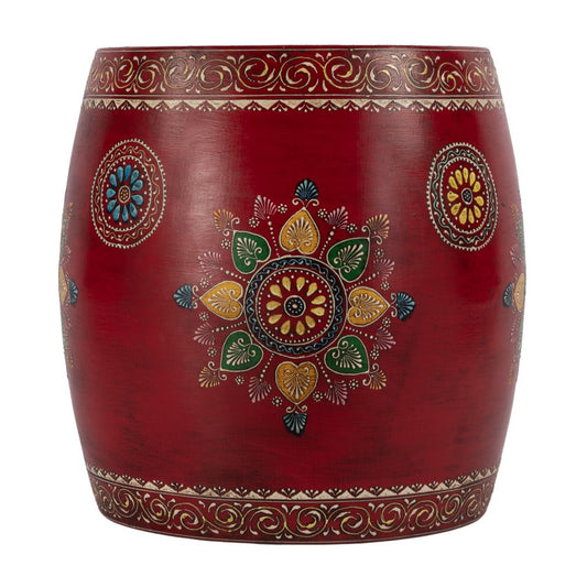 18" Red Iron Hand Painted Floral Round Drum End Table