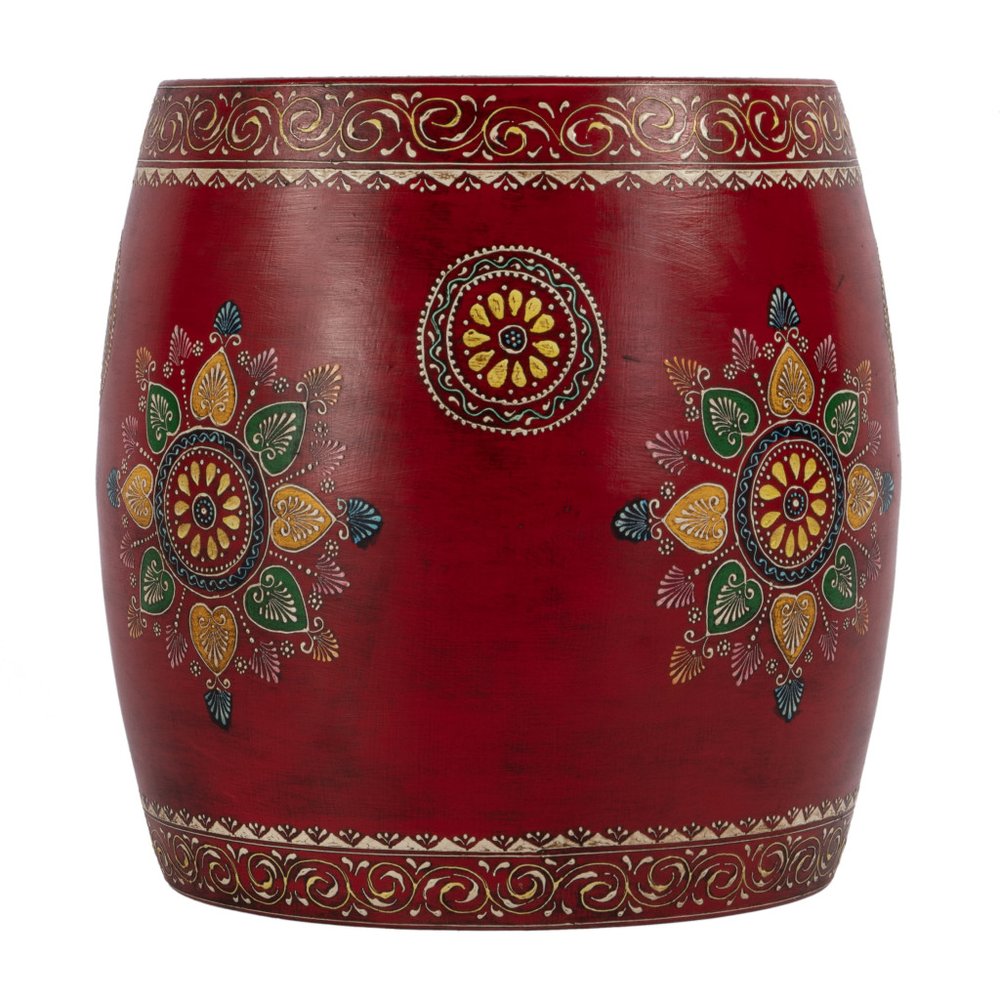 18" Red Iron Hand Painted Floral Round Drum End Table